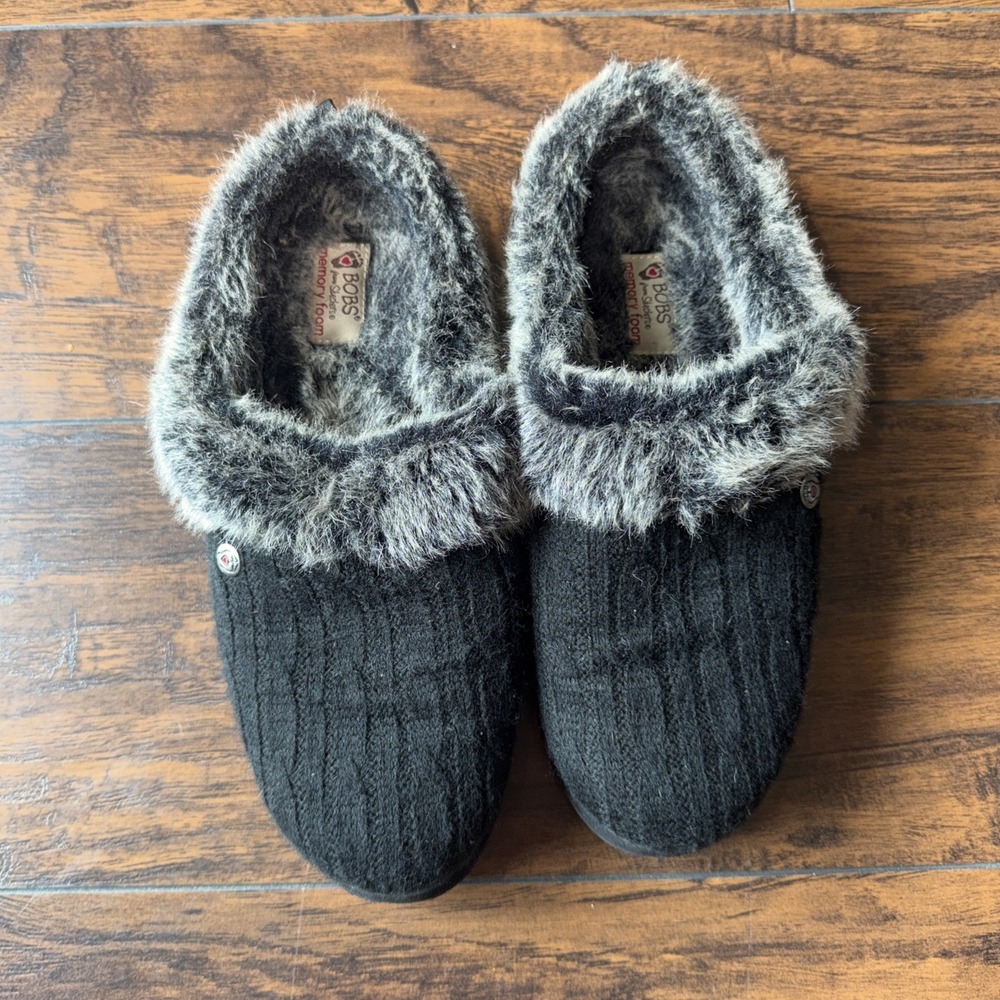 BOBS Skechers Slippers Faux Fur 10 Black Cozy Memory Foam House Shoes Comfort
